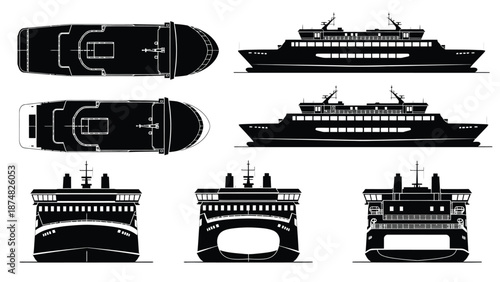 Black and white schematic views of a ferry and a cruise ship design