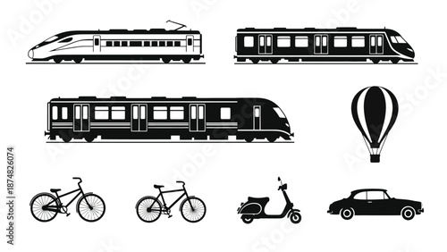 Black and white illustration of trains a hot air balloon and various vehicles