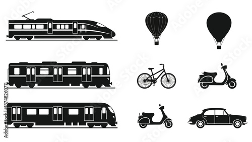 Transportation icons train hot air balloon bicycle scooter and car silhouettes