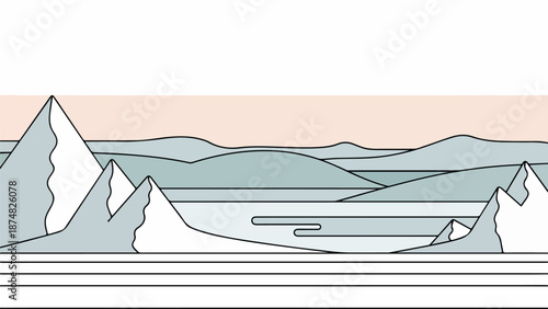 Detailed landscape illustration of dramatic mountainous terrain with jagged peaks and rolling hills under a peach-toned sky