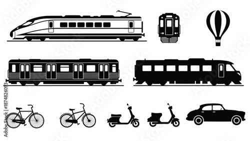 Various modes of transportation depicted in a simple black and white illustration