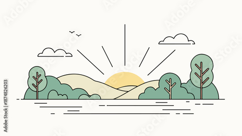Minimalist landscape illustration with water, hills, trees, and a radiant sun