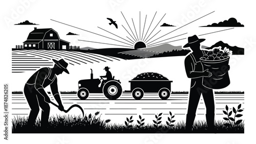 Vintage farm scene depicting harvest workers and a rural landscape in black and white