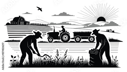 A vintage farm scene depicting farmers working in a field at sunset
