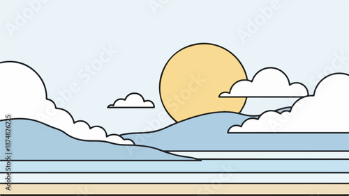 Serene seascape illustration with gradient blue sea, cloud-dappled sky, and sandy shoreline bathed in golden sunlight