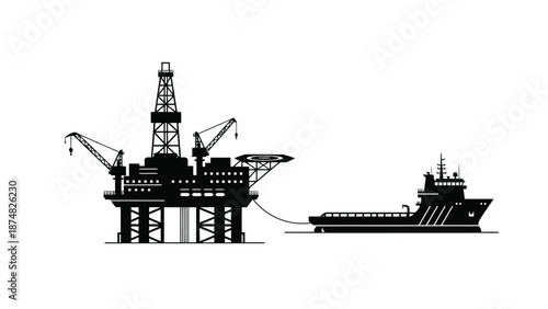 Offshore oil rig and supply vessel illustration in a simple black and white style