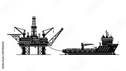 Oil rig and supply vessel illustration in a monochrome vector style