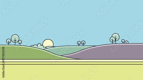 Stylized countryside landscape with rolling hills and a bright yellow field under a clear blue sky