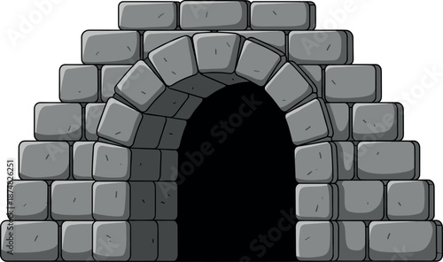 Semicircular grey stone brick archway or tunnel entrance with dark interior isolated on white background vector illustration.