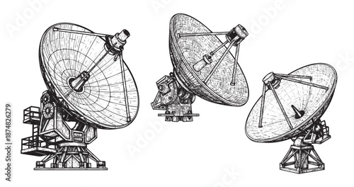 Satellite dish engraving illustration for aerospace communication branding