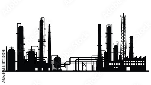 Silhouette of an industrial complex with refinery towers and processing units