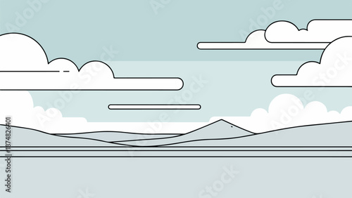 Serene countryside landscape illustration with rolling hills, a house, and a reflective body of water