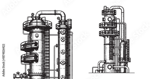 Distillation column engraving illustration for oil refinery engineering branding