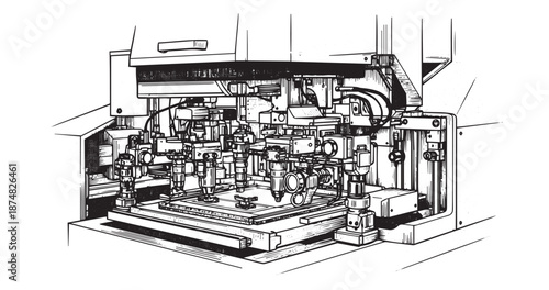 Lithography machine engraving illustration for semiconductor fabrication branding