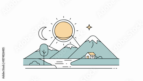 Illustration of a serene mountainous landscape with a river, tree, and house