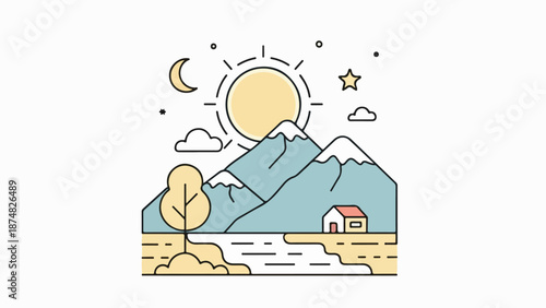 Majestic mountain range with a radiant sun, crescent moon, and a solitary tree in a serene landscape