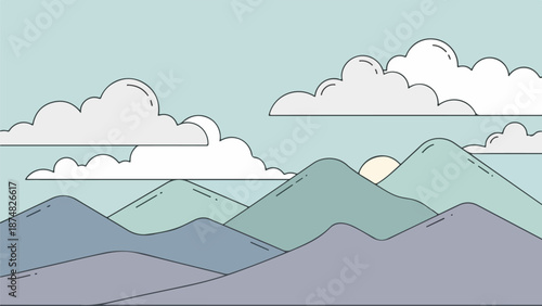 Minimalist mountainous landscape with smooth peaks in blues and purples