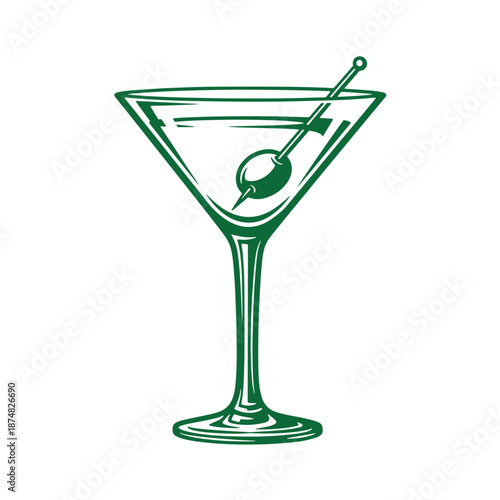 Green cocktail martini glass with olive garnish on a stick  alcoholic drink illustration