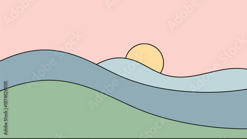 Landscape illustration with light green foreground, blue-gray midground, and soft pink sky