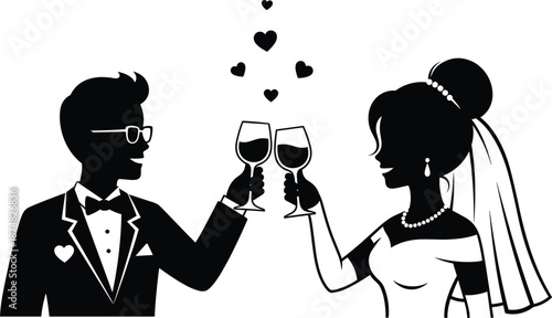 Silhouette of a bride and groom toasting with wine glasses and floating hearts, elegant wedding celebration and marriage banquet vector illustration,