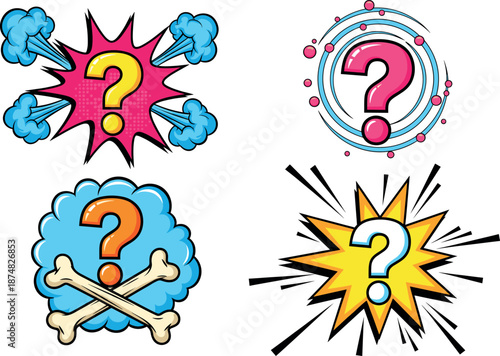 Set of colorful pop art question mark icons with comic book style elements for faq support and uncertainty concept vector illustration.
