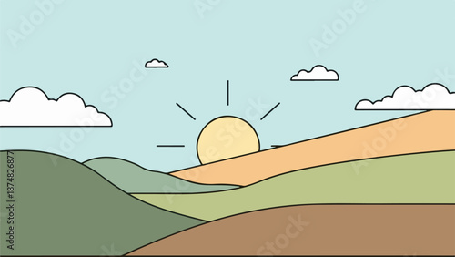 Serene landscape illustration of rolling hills and valleys with soft natural light and a warm golden hill in the background