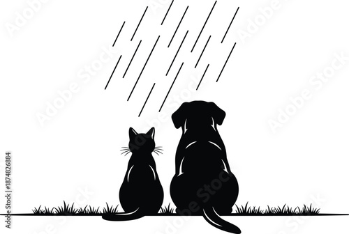 Silhouette of a cat and dog sitting together in the rain on a grassy field, peaceful pet friendship and loyalty concept, vector,
