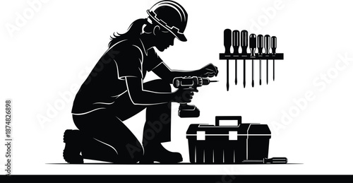 Silhouette of a female technician in hard hat using power drill with toolbox and screwdrivers, professional woman contractor repair vector illustration,