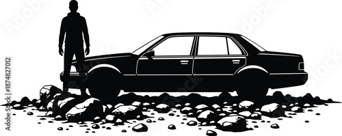 Silhouette of a man standing next to a classic sedan car on a rocky ground surface, black and white minimal vector illustration,