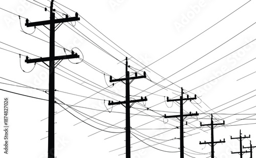 Silhouette of electrical utility poles with messy overhead power lines and wires, industrial transmission cables against a white background, urban infrastructure vector illustration art