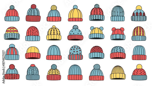 Colorful beanies collection cartoon style winter hats set.