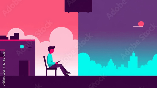Man sitting alone on chair in cityscape at dusk.