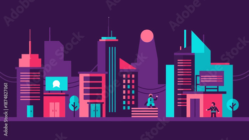 futuristic cityscape neon urban landscape at dusk.