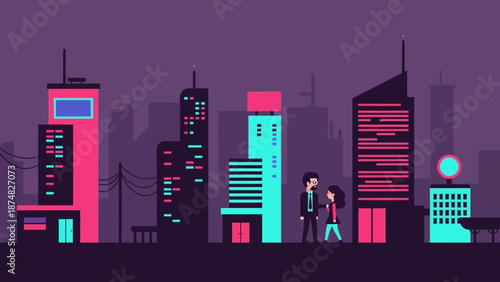 Couple Walking in Neon Cityscape at Night.