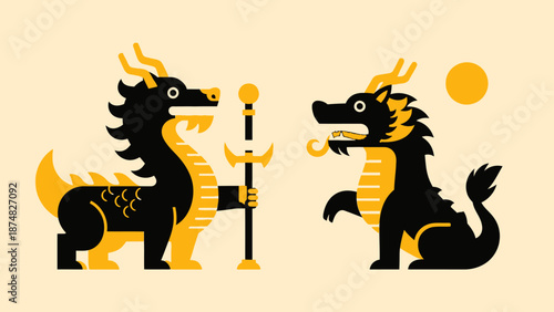 Chinese dragon dog guardian staff mythical creature symbol.