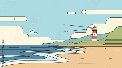 A red-and-white striped lighthouse on a grassy hill overlooking a serene seaside landscape with a sandy beach and blue ocean
