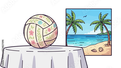 beach volleyball on table with tropical painting.