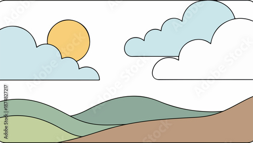 Serene landscape with rolling hills under a light blue sky with scattered clouds and a partially obscured yellow sun