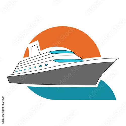 Modern cruise ship sailing towards orange sunset over teal ocean waves