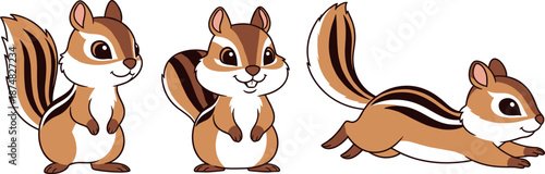 Set of cute cartoon chipmunk characters with stripes in standing and running poses isolated on white background.