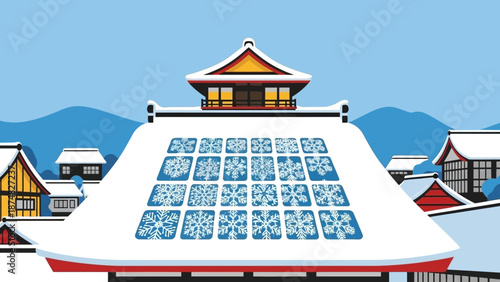 solar panels on Asian temple roof in snow.