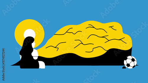 Muslim woman praying near soccer ball.