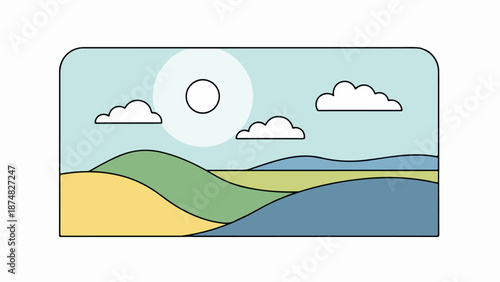 Sunlit landscape with blue sky, white clouds, green hills, and sandy foreground