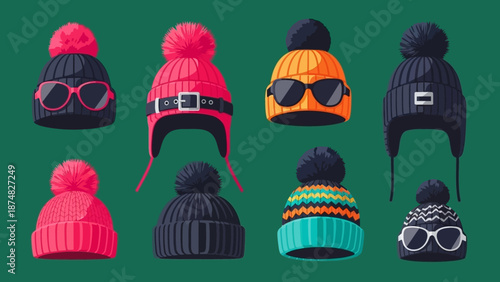 Winter hats collection colorful beanies with sunglasses cold weather accessories.