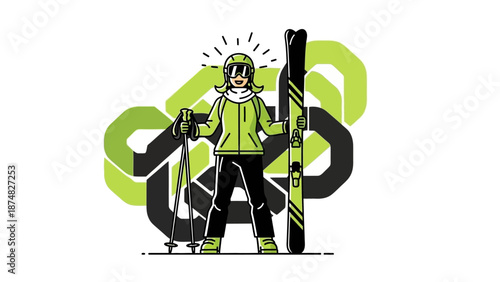 Smiling skier in green jacket holding skis.