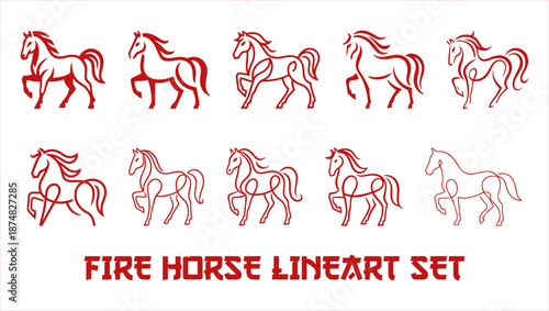 Artistic Outline Running Horse Lineart Set in Red Tones for Graphic Design