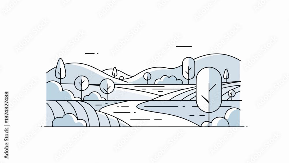 Obraz premium Minimalist landscape illustration of a winding river flowing through rolling hills with stylized trees