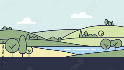 Serene countryside landscape with rolling hills, winding river, and clear blue sky