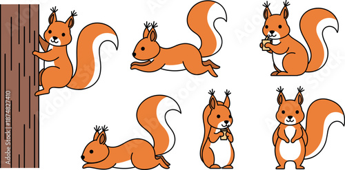 Set of cute orange squirrel cartoon characters in various poses including climbing a tree, running, and eating isolated on white background.