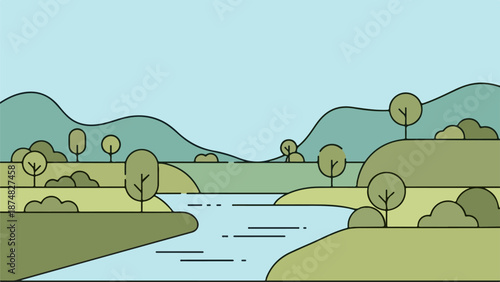 Gently flowing river winding through dense, verdant banks with rolling hills and light blue sky